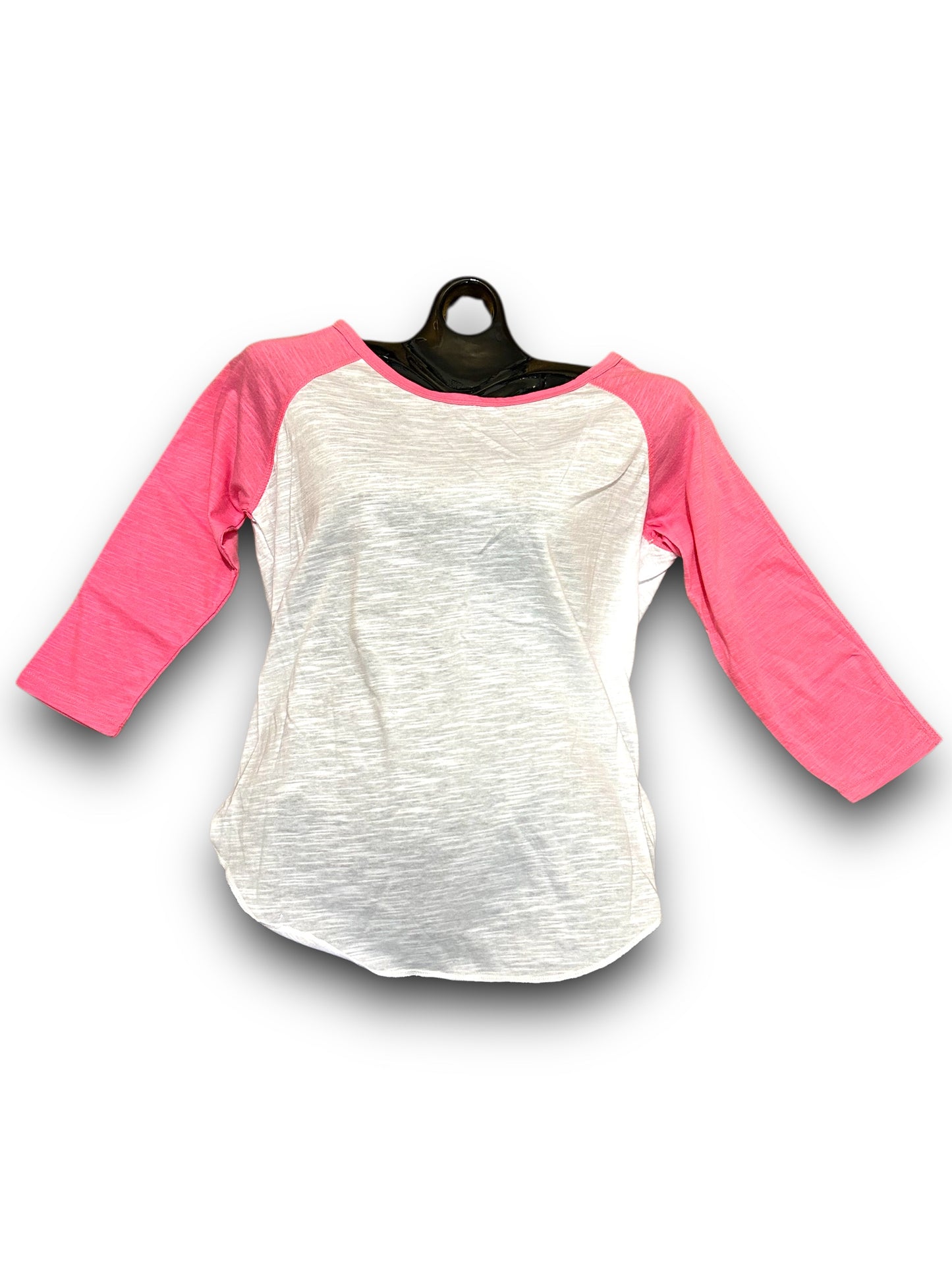 White shirt with pink sleeves on a hanger against a white background