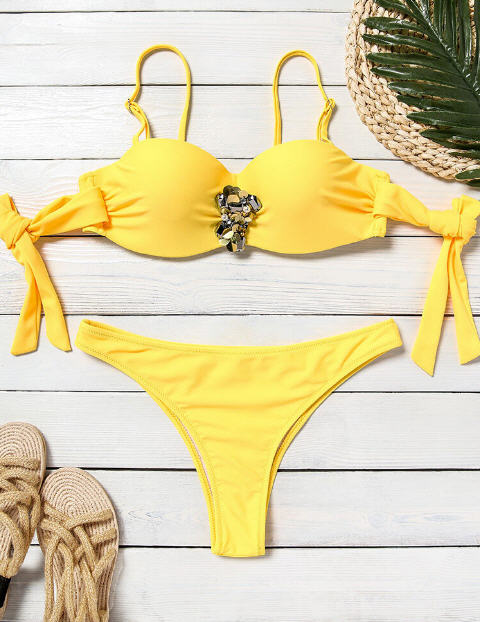 Women's Lake Blue Rhinestone Tie 2 Piece Bikini Set - Gmbu Apparel