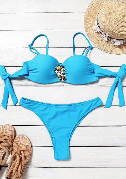 Women's Lake Blue Rhinestone Tie 2 Piece Bikini Set - Gmbu Apparel