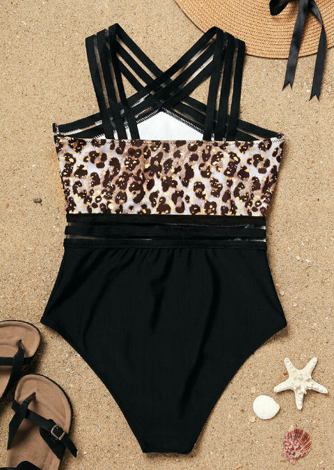 Womens Black Leopard Transparent Large One-Piece Swimsuit - Gmbu Apparel