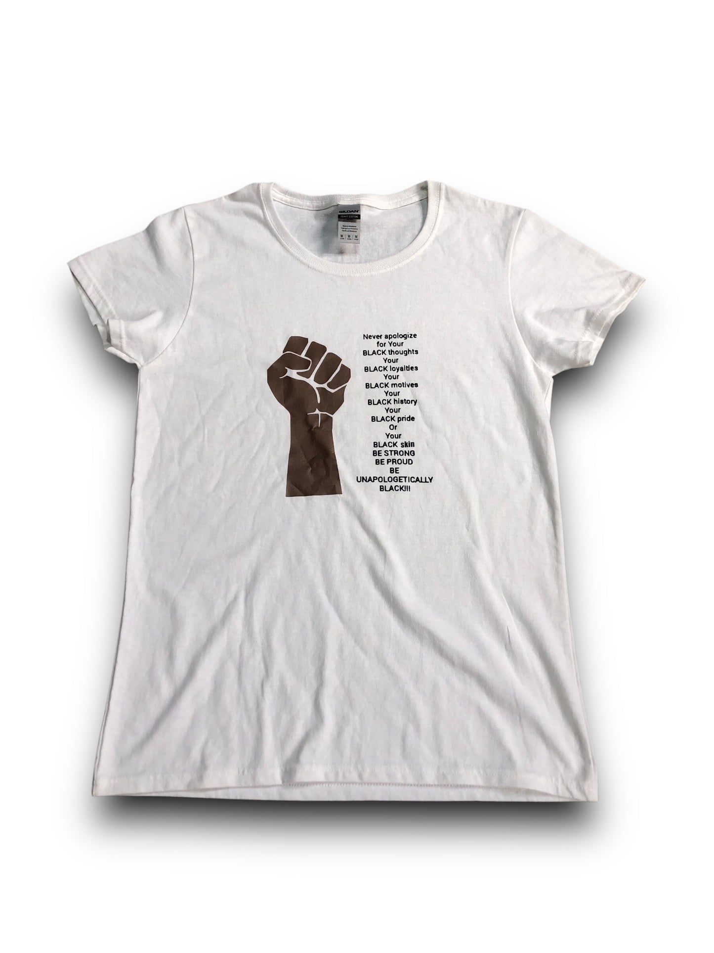White t-shirt with a black fist graphic and text on a white background