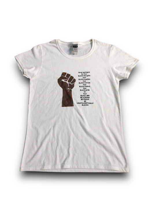 White t-shirt with a black fist graphic and text on a white background