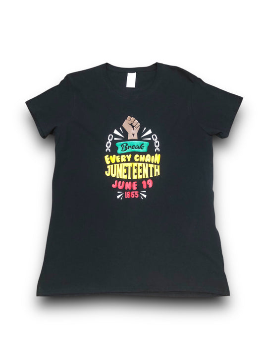Black t-shirt with Juneteenth graphic design on a white background