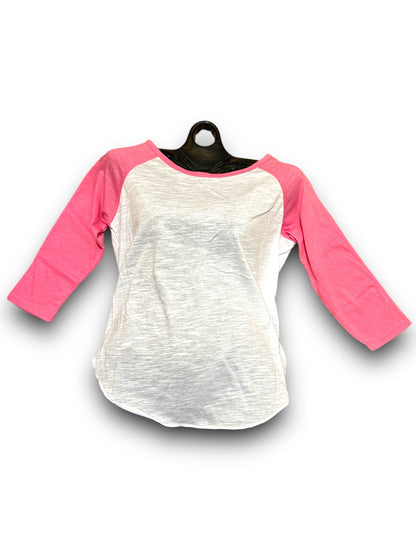 White shirt with pink sleeves on a hanger against a white background