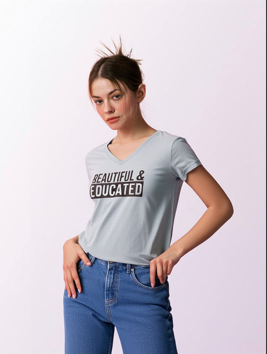 Women's "Beautiful & Educated" V-Neck Graphic T-Shirt - Large