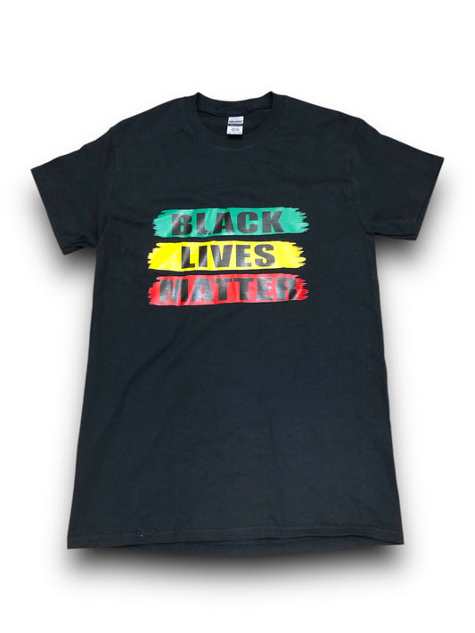 Black t-shirt with 'Black Lives Matter' in colorful letters on a white background