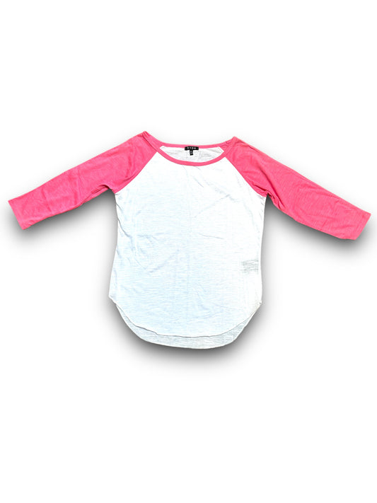 White t-shirt with pink sleeves on a white background