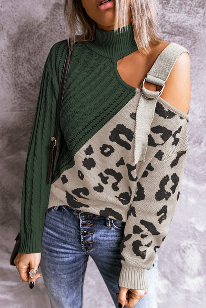 Leopard Color Block Turtleneck Sweater