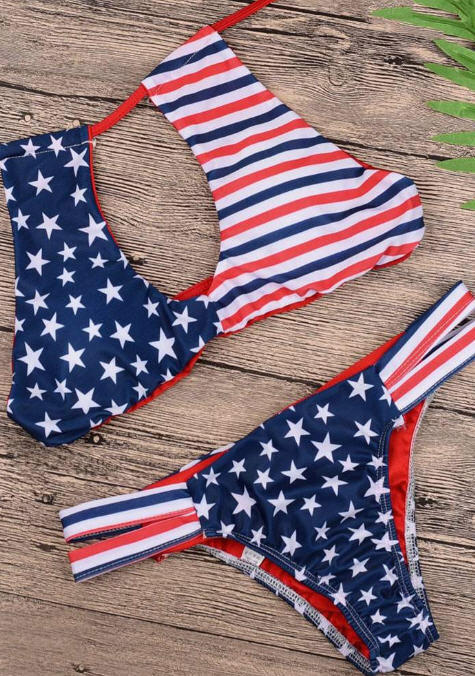 Womens 2 Piece American Flag Hollow Out Top Bikini Set - Gmbu Apparel