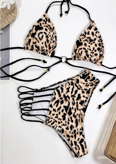 Womens Leopard 2 Pc Large Hollow Out Halter Tie Bikini Set - Gmbu Apparel