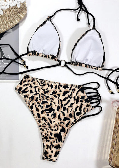 Womens Leopard 2 Pc Large Hollow Out Halter Tie Bikini Set - Gmbu Apparel