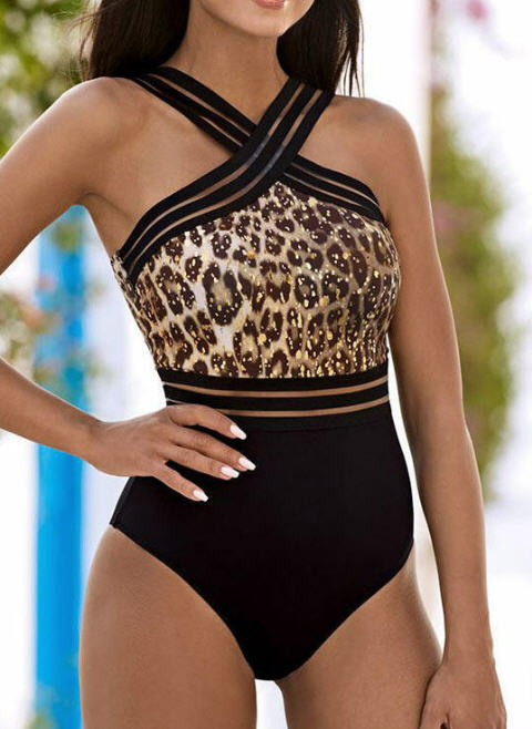 Womens Black Leopard Transparent Large One-Piece Swimsuit - Gmbu Apparel