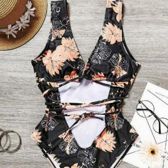 NWT Womens Black Floral Criss-Cross Tie Back One-Piece Swimsuit - Gmbu Apparel
